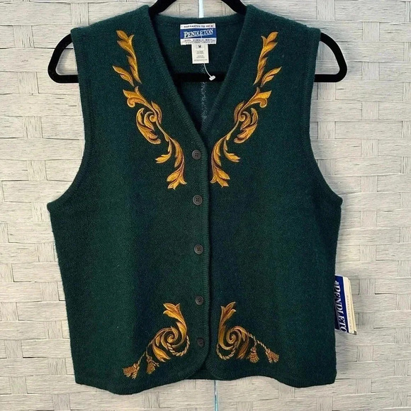 Leslie Fay Sweaters - Vintage Pendleton Wool vest NWT green with gold embroidery size medium